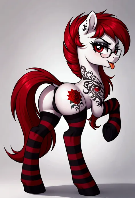 radiant lighting, vibrant colors, whimsical atmosphere, 8K, high resolution, highly detailed, masterpiece, (((my little pony))), four stockings, (red hair, white body, red eyes) cute face, tongue out, striped stockings, standing on four hooves, cool glasse...