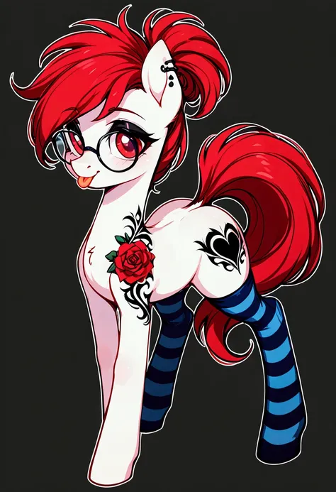 radiant lighting, vibrant colors, whimsical atmosphere, 8K, high resolution, highly detailed, masterpiece, (((my little pony))), four stockings, (red hair, white body, red eyes) cute face, tongue out, striped stockings, standing on four hooves, cool glasse...