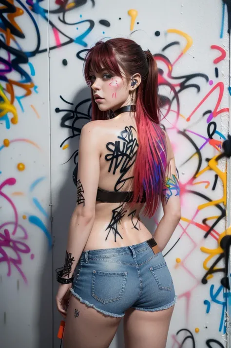 work of art, best qualityer, 1 girl, standing alone, top cut, Shorts jeans, choker, (graffit:1.5), ink spatter, arms behind the back, against the wall, gazing at viewer, clamp, thigh strap, paint on the body, tilt your head, bored, multicolored hair, water...