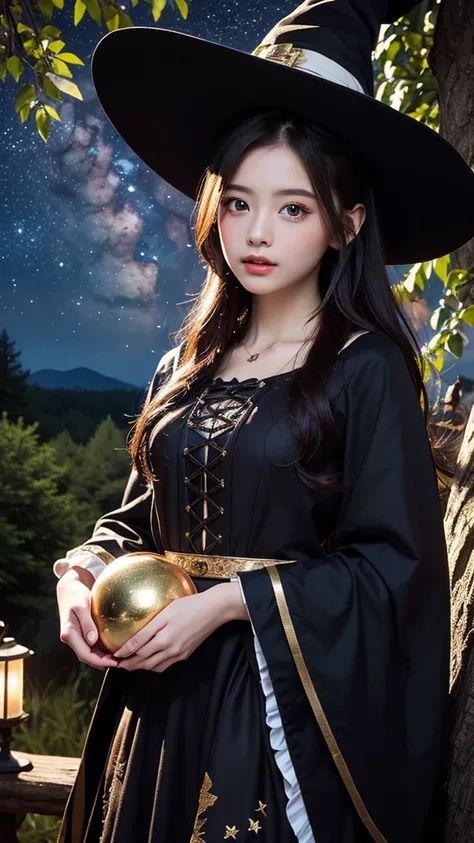 (masterpiece, Highest quality, Highest quality, Official Art, beautifully、beautiful:1.2), (1 Beautiful Girl), A girl dressed as a witch、Big Eyes、(Very cute witch:1.3)、light brown hair with bangost detailed, Late night with starry skies、In the open forest、P...