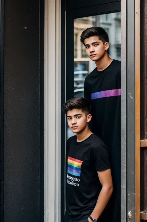 Young 17 year old man coming out of a cafe door with dark background with a rainbow flag