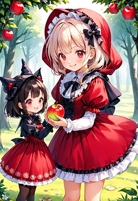 fairy tale　Little Red Riding Hood　A cute girl wearing a cute red Lolita-style dress　Adorable smile　The black witch hands the apple to the girl