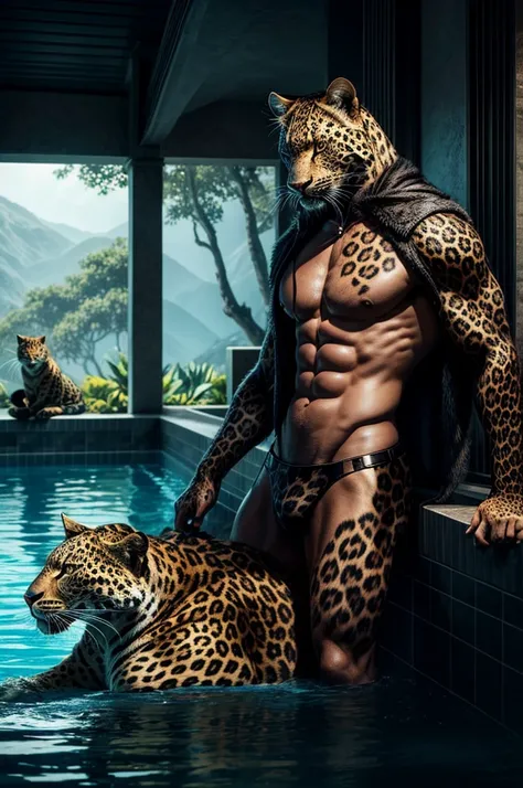 leopard and panther sitting in pool after spa drinking cocktails,intricate detailed fur,extremely realistic,high quality,photorealistic,dramatic lighting,vibrant colors,cinematic composition,award-winning,incredibly detailed,sophisticated,elegant,ethereal,...