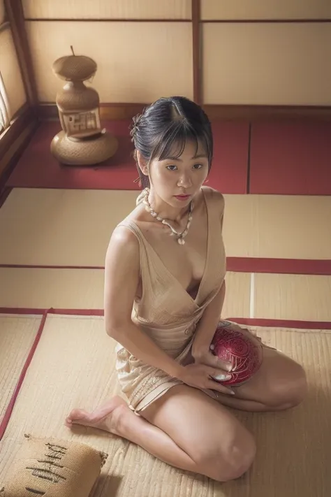 Completely naked　((One woman,The most beautiful face in Japan,40 years old,Perfect camera gaze,Shooting from close range)),((((Lower body naked,)),((Pearl Necklace,Classy hairstyle,Natural Makeup,,Emphasizes the fullness of the chest,Sad expression,Sad,Cry...