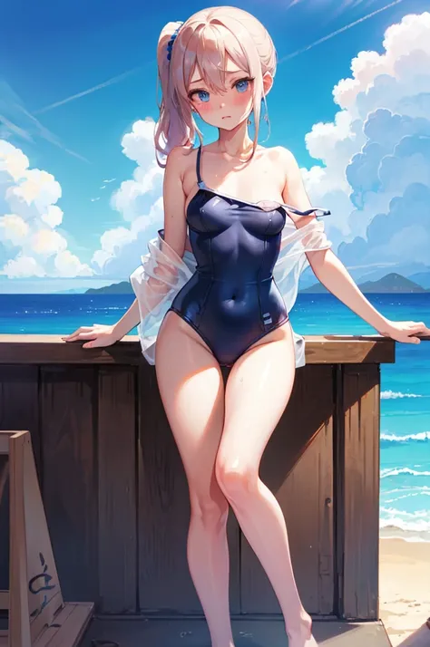 Cute Swimsuit,,Blushing、bionde、ponytail、pale blue eyes、Head to toe full body、Blushing、Embarrassed look、Composition from the front、A view from slightly below、school swimwear、Acme Face、Random pose、, 、nsfw、Highest quality、1 girl、独奏、Ocean、Sandy Beach、Sexy pose...