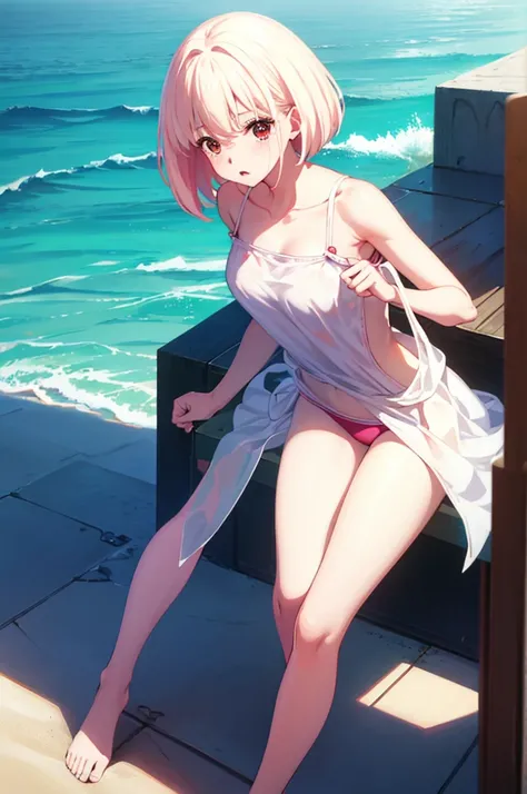 Random Swimsuit,,Blushing、Pale red eyes、Light cream colored hair、short hair、Head to toe full body、Blushing、Embarrassed look、Composition from the front、A view from slightly below、school swimwear、Acme Face、Random pose、, 、nsfw、Highest quality、1 girl、solo、Ocea...