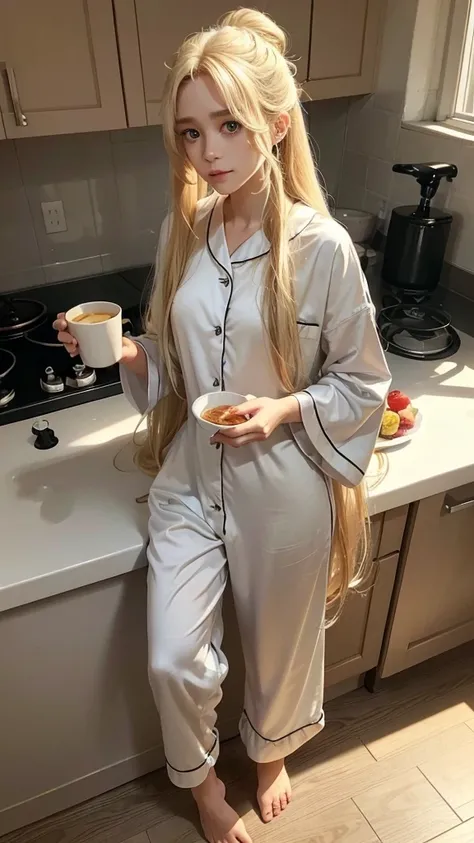 Ultra-realistic full-body shots. Long, straight, light blonde hair、A loose bun on top of the head、Ashley Olsen as a teenager。, Im wearing cute pajamas. She is having breakfast in the kitchen. Realistic face and body. Extremely intricate detail in the hair....