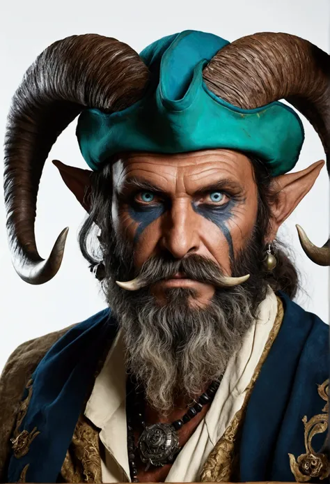 old faun, homely, evil, one blue eye and the other green, old brown corsair clothes. A pair of goat horns on the head. pirate. Black Beard.