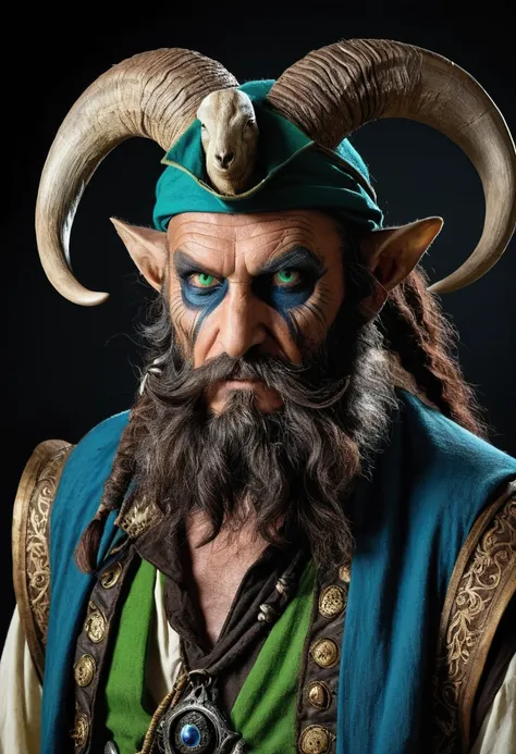 old faun, homely, evil, one blue eye and the other green, old brown corsair clothes. A pair of goat horns on the head. pirate. Black Beard.