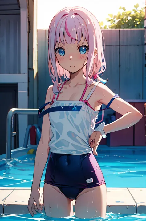 Cute Swimsuit、Random Swimsuit、Acme Face、Random pose、, Medium Hair、、pale blue eyes、Pink Hair、nsfw、Highest quality、1 girl、独奏、Ocean、Sandy Beach、Sexy pose、Random pose、Blushing、wet、Embarrassed、I can see half of my 、、One piece swimsuit、(Strap slip:1.3)