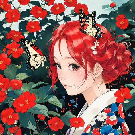 Girl、red hair、Butterfly、Hanafuda