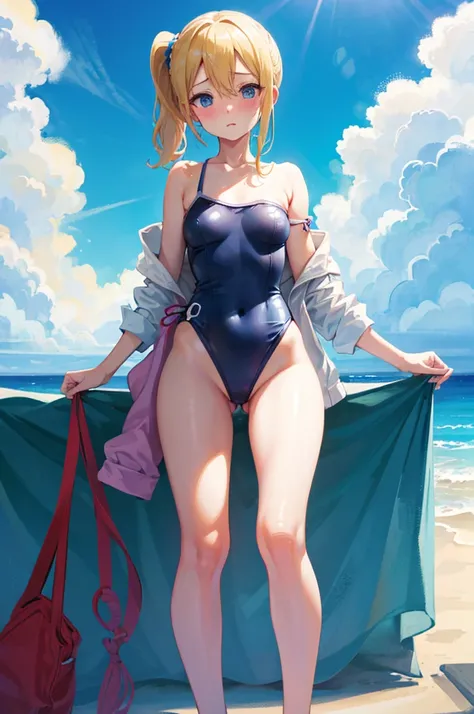 Cute Swimsuit,Random Swimsuit,Blushing、blondes、ponytail、pale blue eyes、Head to toe full body、Blushing、Embarrassed look、Composition from the front、A view from slightly below、school swimwear、Acme Face、Random pose、, 、nsfw、Highest quality、1 girl、solo、Ocean、San...