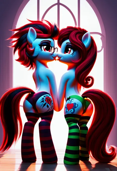 radiant lighting, vibrant colors, whimsical atmosphere, 8K, high resolution, highly detailed, masterpiece, (((my little pony))), four stockings, (red hair, white body, red eyes) cute face, tongue out, striped stockings, standing on four hooves, cool glasse...