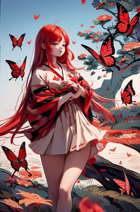 Girl、red hair、Butterfly、Hanafuda