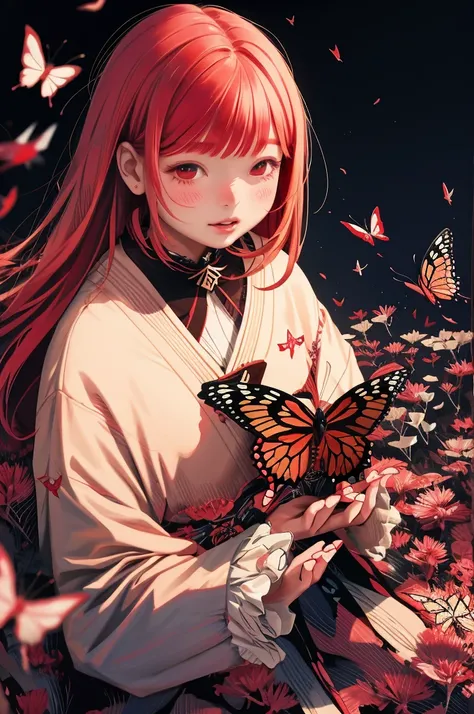 girl、red hair、butterfly、hanafuda