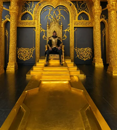 There&#39;s a demonic warrior sitting on a throne, em uma throne room, sitting in a gilded throne, throne room, palace background, sitting on the golden throne, sitting in a gilded throne, sitting in real tranquility, royal elegant pose, perched on intrica...