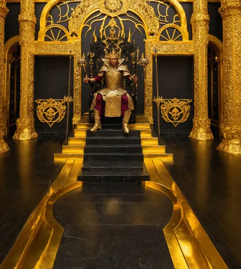 There&#39;s a demonic warrior sitting on a throne, em uma throne room, sitting in a gilded throne, throne room, palace background, sitting on the golden throne, sitting in a gilded throne, sitting in real tranquility, royal elegant pose, perched on intrica...