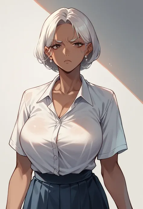 milf,brunette skin, japanese school dress,white hair,serious look,