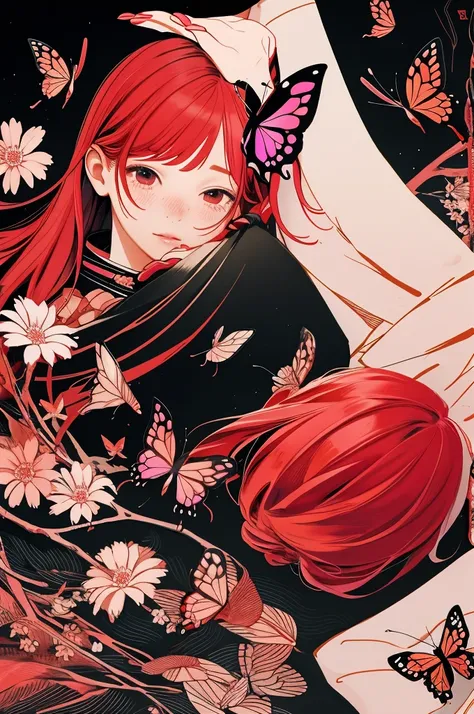 Girl、red hair、Butterfly、Hanafuda