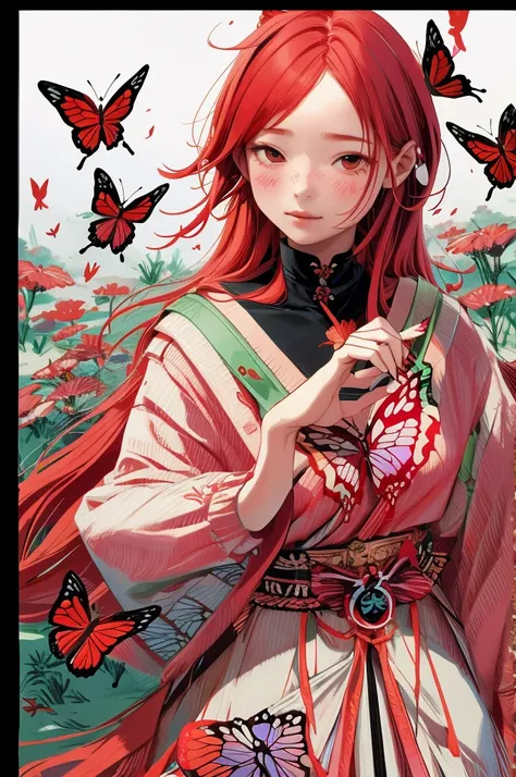 Girl、red hair、Butterfly、Hanafuda