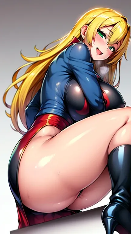 sexy, Mason, big breasts, big butt, Back, smiling, long blonde hair and green eyes, black cropabove, above, Jacket, blue pencil skirt, Red boots, white gloves, high heel boots