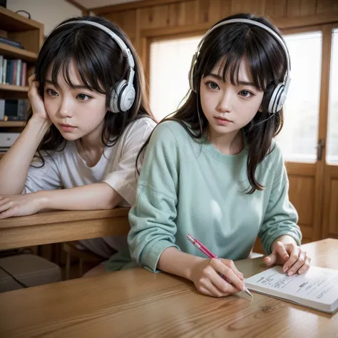 Japanese cartoon girl listening to music and studying at home