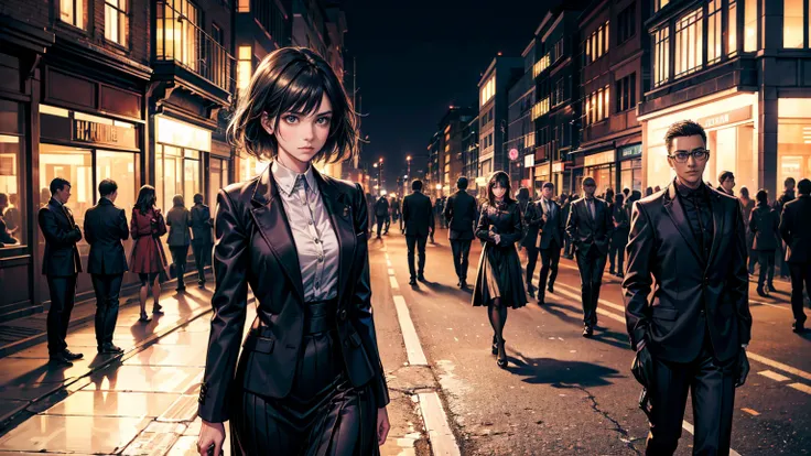 A young woman with a determined expression, dressed in modern and elegant clothes, walking through a busy city. In the background, the silhouette of an old house with shadows of family members looking enviously. The city should be illuminated with bright l...