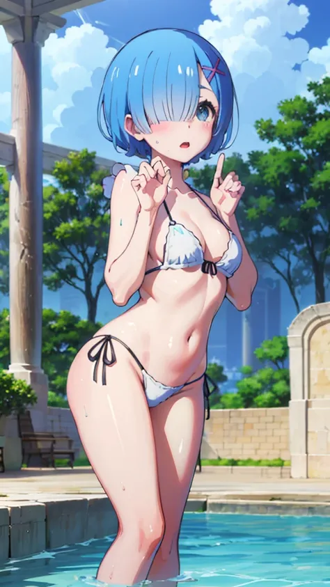 ランダムなswimwear、Acme Face、Random pose、short hair、Blue Hair、、hair over one eye、、nsfw、Highest quality、1 girl、solo、Ocean、Sexy pose、Random pose、Blushing、Wet、Embarrassed