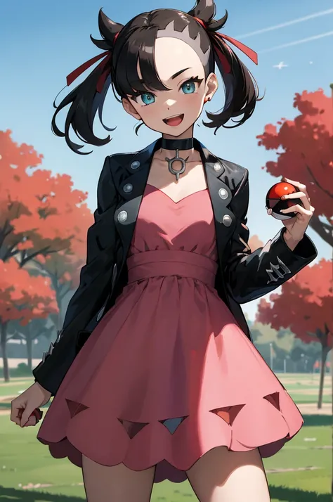 masterpiece, best quality, highres, hmmarnie, aqua eyes, black choker, red ribbon, pink dress, jewelry, black jacket, open clothes, long sleeves, cowboy shot, standing, field, holding poke ball, poke ball (basic), smile, open mouth,