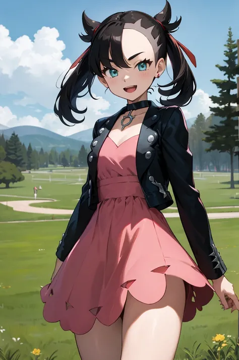 masterpiece, best quality, highres, hmmarnie, aqua eyes, black choker, red ribbon, pink dress, jewelry, black jacket, open clothes, long sleeves, cowboy shot, standing, field, holding poke ball, poke ball (basic), smile, open mouth,