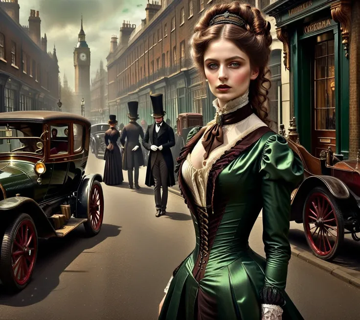 victorianpunkai fashion, highly detailed woman, detailed dark green eyes, brown hair tied up, incredible, stunning lighting, vib...