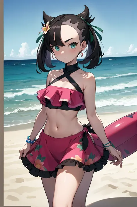 masterpiece, best quality, highres, hmmarnie, aqua eyes, green ribbon, hair flower, earrings, jewelry, halterneck, bracelet, navel, pink swimsuit, frilled bikini, sarong, cowboy shot, standing, beach