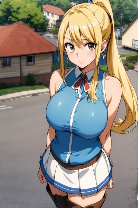 asterpiece, best quality, highres, lucy heartfilia, blonde hair, long hair, side ponytail, blue ribbon, large breasts, earrings, thigh boots, blue shirt, sleeveless shirt, white skirt, standing, outdoors, town, house, cowboy shot, looking at viewer,