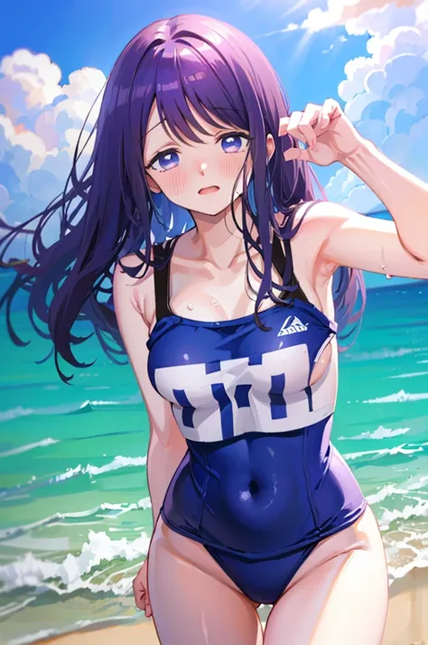 Random Swimsuit、Acme Face、Random pose、, Pale purple eyes、Pale purple eyes、Semi-long hair、nsfw、Highest quality、1 girl、独奏、Ocean、Sandy Beach、Sexy pose、Random pose、Blushing、wet、Embarrassed、I can see half of my 、、One piece swimsuit、(Strap slip:1.3)、Swimsuits in...