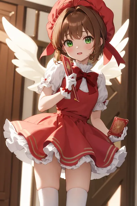 masterpiece, best quality, highres, kinomoto sakura, 1girl, brown hair, short hair, antenna hair, red headwear, green eyes, frills, red dress, puffy short sleeves, white gloves, red bow, white thighhighs, wings, standing, holding card