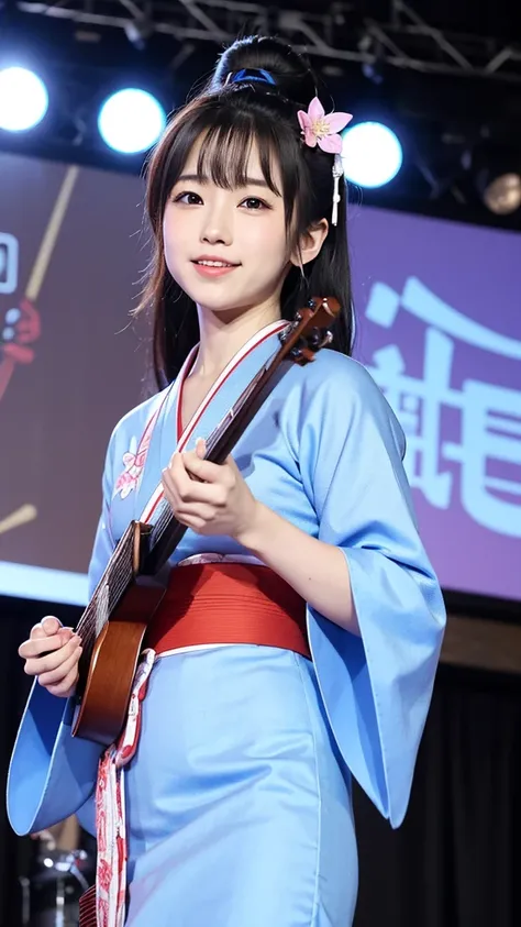 beautiful japanese a woman with shamisen, kimono, singer、Singing twins、On stage、