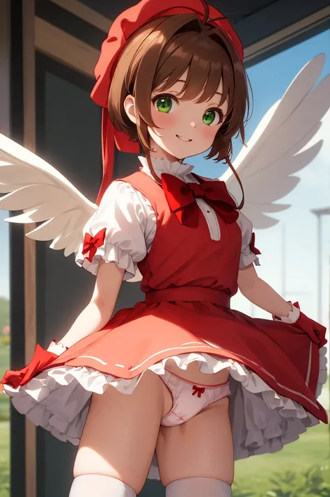 masterpiece, best quality, highres, kinomoto sakura, 1girl, brown hair, short hair, antenna hair, red headwear, green eyes, frills, red dress, puffy short sleeves, white gloves, red bow, white thighhighs, wings, standing, smile,(((lift skirt,panties)))