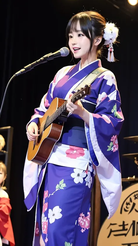 beautiful japanese a woman 、two girls、with playing the shamisen, kimono, singer、singing twins、two japanese girls、on stage、