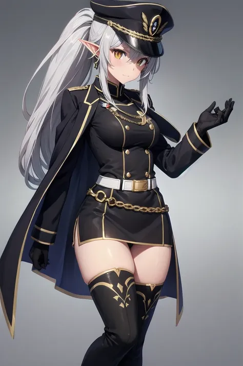 orange eyes,dark elf,grey hair,1lady,high ponytail, gold and black coat,jewelry,gold and black uniform,military hat,thigh boots,
