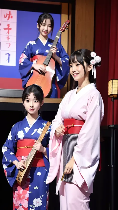 beautiful japanese a woman 、two girls、with playing the shamisen, kimono, singer、singing twins、two japanese girls、on stage、holdin...