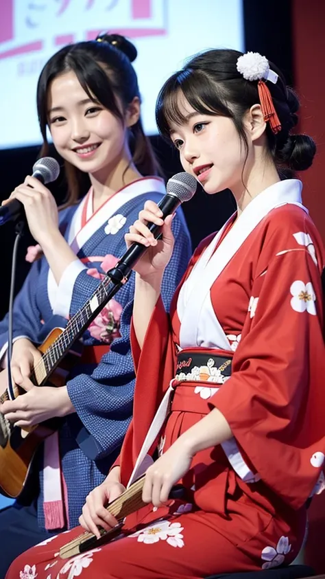 beautiful japanese a woman 、two girls、with playing the shamisen, kimono, singer、singing twins、two japanese girls、on stage、holdin...