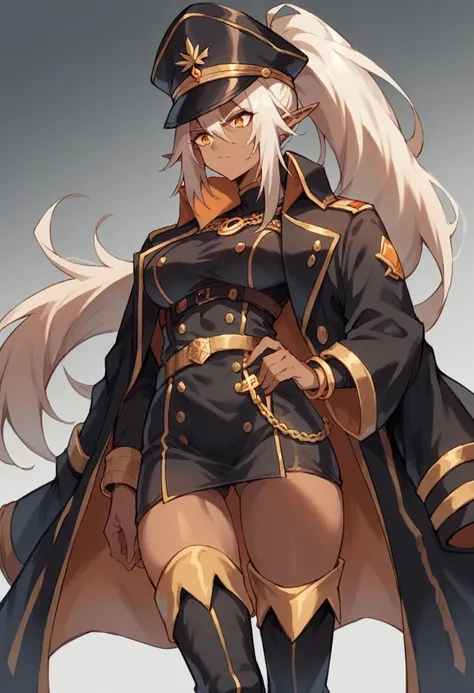 orange eyes,dark elf,,dark skingrey hair,1lady,high ponytail, gold and black coat,jewelry,gold and black uniform,military hat,thigh boots,
