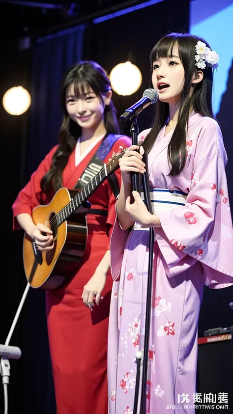 beautiful japanese a woman 、two girls、with playing the shamisen, kimono, singer、singing twins、two japanese girls、on stage、holdin...