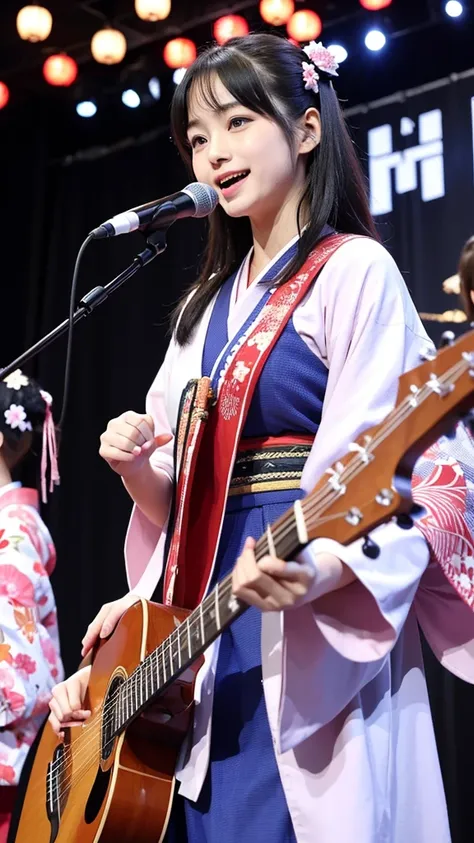 beautiful japanese a woman 、two girls、with playing the shamisen, kimono, singer、singing twins、two japanese girls、on stage、holdin...