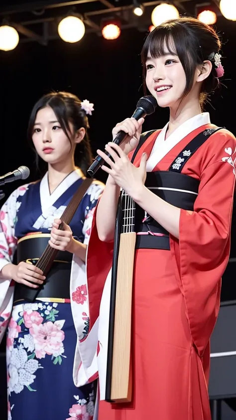 beautiful japanese a woman 、two girls、with playing the shamisen, kimono, singer、singing twins、two japanese girls、on stage、holdin...