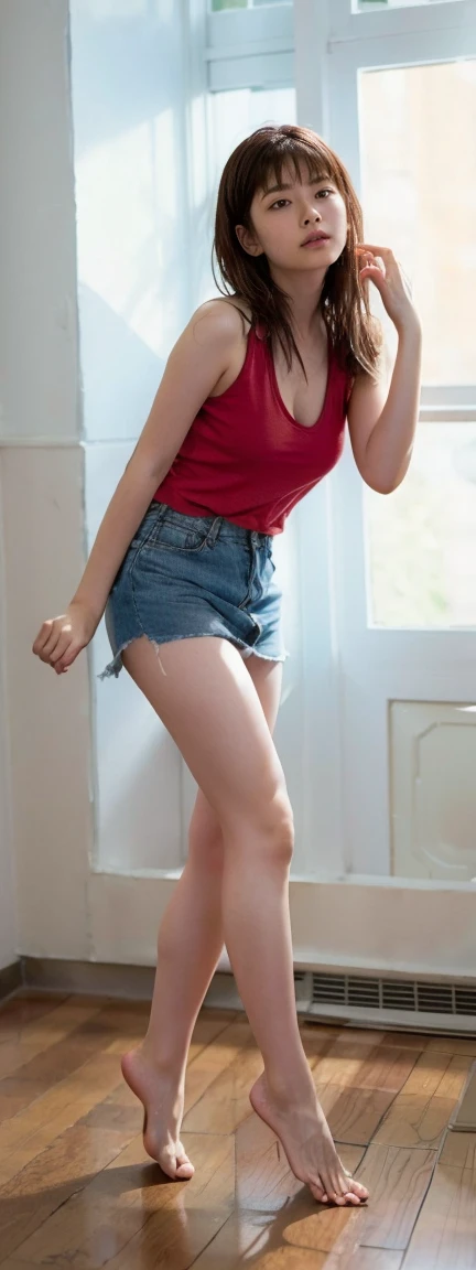 Open shirt, (((Leaning forward))), ((,Round face, Around 17 years old,mini skirt、loose tank top)),  Long Hair, , Natural Makeup, Lips become thicker, Sexy Gaze, barefoot, ((Raise one leg)),  Shooting from below,Gentle expression ,((Extremely precise and ac...