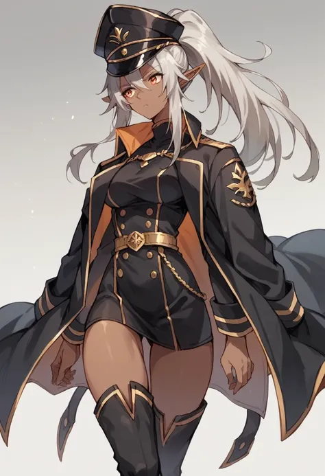 orange eyes,dark elf,grey hair,1lady,high ponytail, gold and black coat,jewelry,gold and black uniform,military hat,thigh boots,
