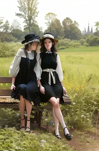 two women in black dresses and hats sitting on a bench, young and slender, wearing black old dress and hat, inspired by August Sander, victorian inspired clothing, black dress with belt, wearing black dress and hat, “organic, with black, casual black cloth...