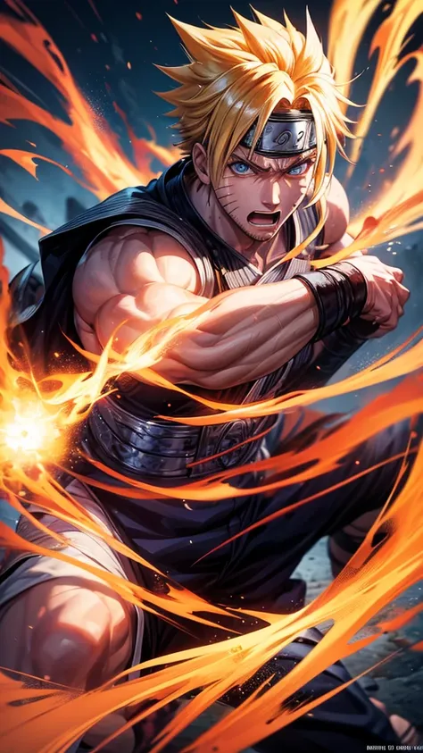 detailed portrait of naruto, explosive energy, dynamic attack pose, powerful ninja, bright blue eyes, spiky blond hair, detailed...