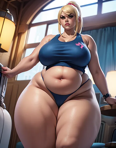 1milf, pear shaped, pear shape figure, bottom heavy, wide hips, incredibly wide hips, thick thighs, incredibly thick thighs, plump, incredibly plump, bent over, looking at viewer, angry, annoyed, tank top, panties, wide, hyper, belly hanging, massive belly...